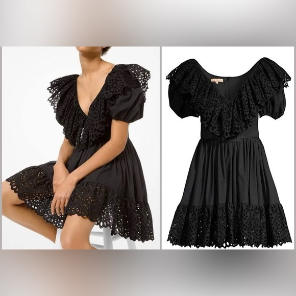$2K Michael Kors Collection COTTON POPLIN PUFF-SLEEVE EYELET DRESS IN BLACK 6 - Picture 1 of 12